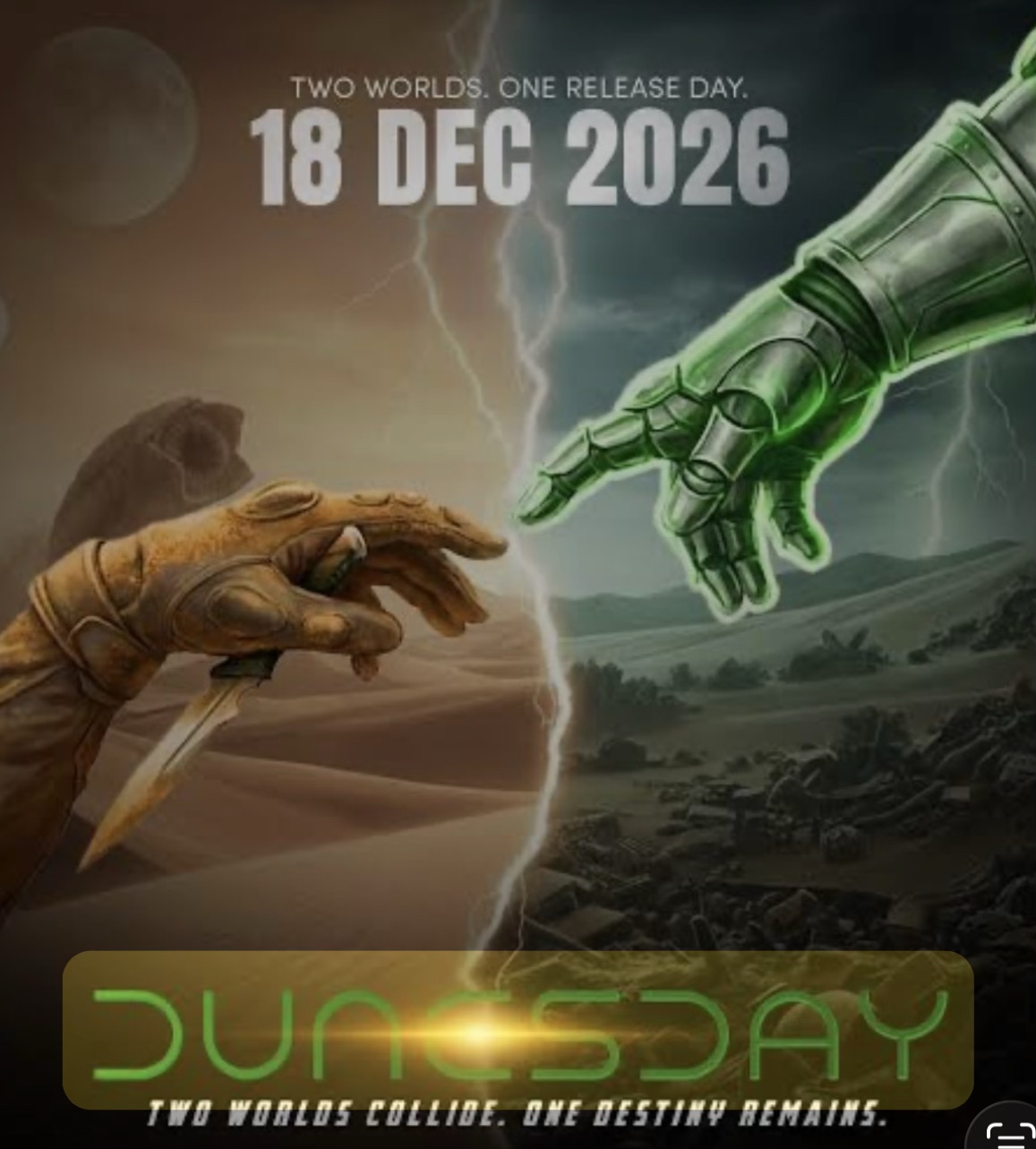 Dunesday artwork: a desert-gloved hand reaches toward Doctor Doom’s green armored hand