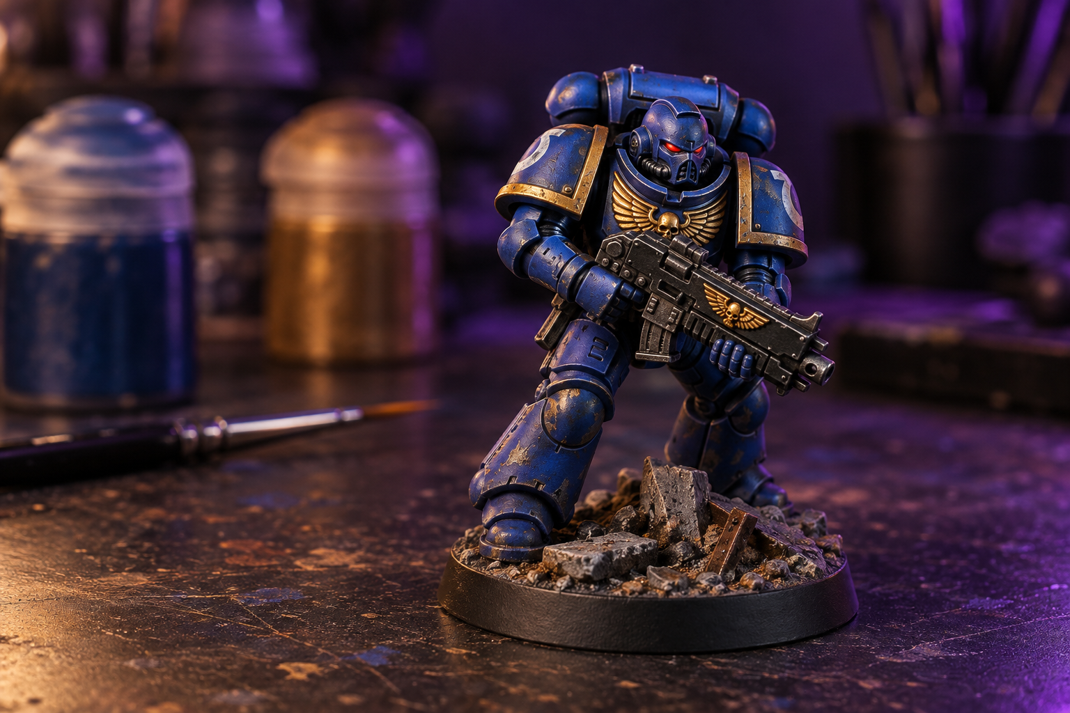 Illustration of a blue-and-gold painted Space Marine miniature on a hobby desk